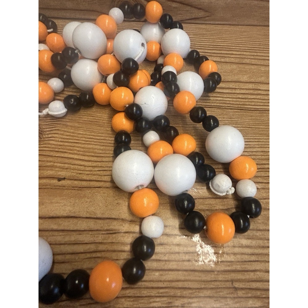 2 Garland Strands Orange Black White Wood Wooden‎ Beads Halloween Fall Boho 13' - Picture 3 of 3